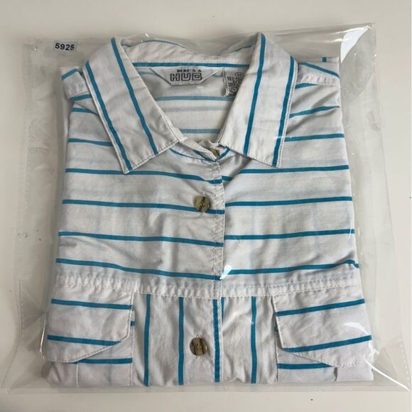 Vintage Here’s a Hug White Turquoise Striped Boxy Camp Shirt 80s M - Picture 7 of 7